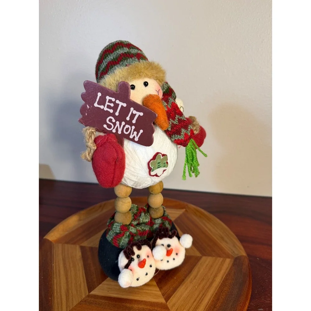 Let It Snow Snowman Figurine Wooden Bead Legs String Body Holiday Decor 12 Inch